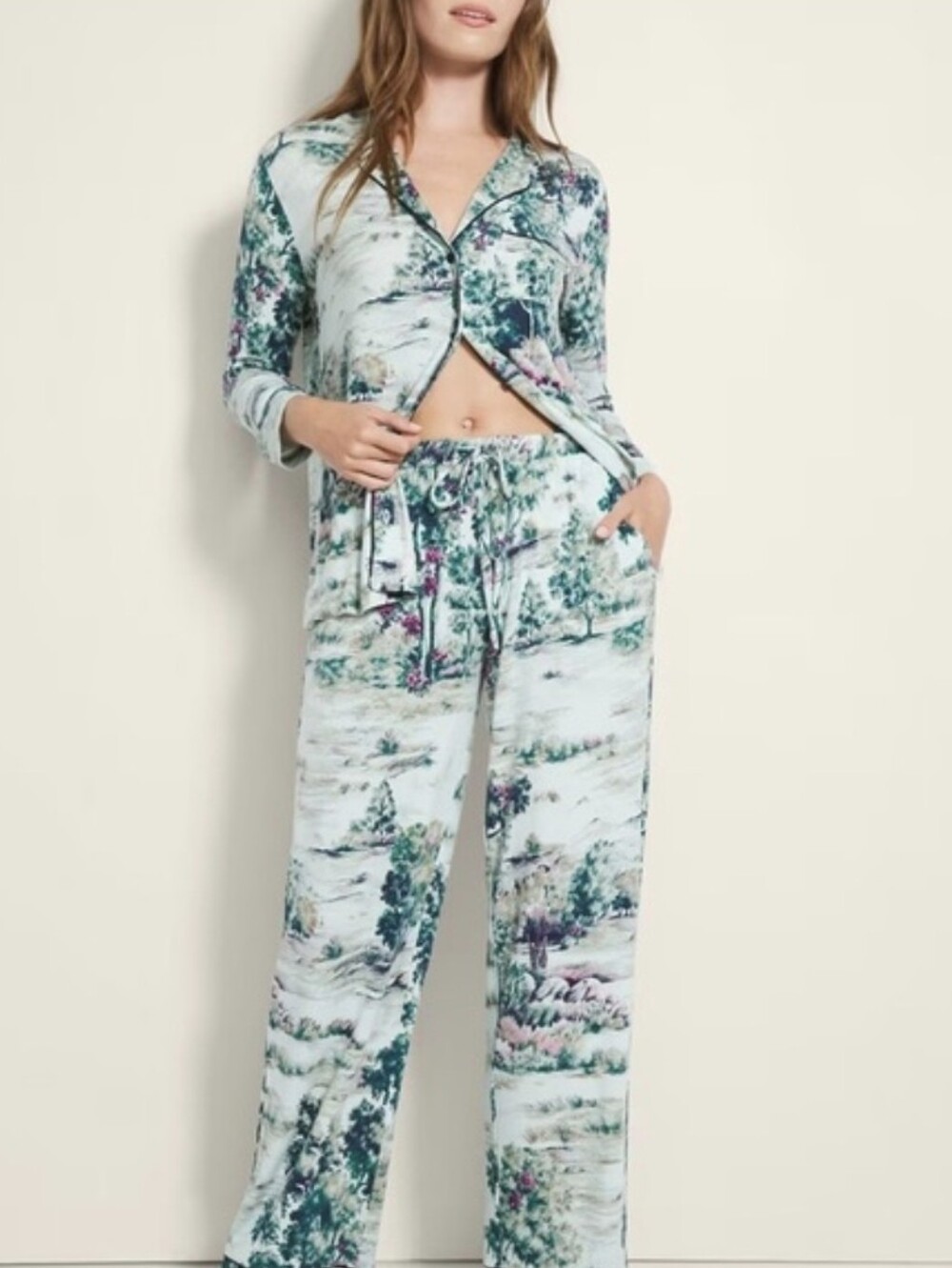 Soma Cool Nights Long Sleeve Pajama Set Large Meadow Scenic Print Blue Pockets